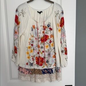 John Mark Cream Floral Embroidered Blouse